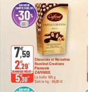 SURVI COMPL  -30%  7,59 2,29  5,30  Caffe ANTOLON  Chocolats et Noisettes Hazelnut Creations Piemonte CAFFAREL  La boite 165 g  Soit le kg: 46,00 € 