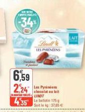 6,59 2,24  STRE COMPTE FOLLTE  -34%  RUED  Lindl  LES PYRÉNÉENS  Les Pyrénées chocolat au lait  LINDT  4,35 Le ballon 175 g  Soit le lg: 37,65 €  LAIT 