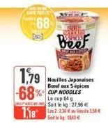 geenite ironies  68  1,79 -68%  nouilles japonaises boeuf aux 5 épices cup noodles la cup 64 g soit le kg:27,96 €  1,18223158 €  mile  cup marin  beef 
