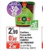 SURVITE COFFERDELE  -30%  CARD  2,99 0,90 2,09 Lepot 350  Confiture Fraises BIO 65% de fruits COMTES  DE PROVENCE  AB  Soit le kg: 8,54 €  