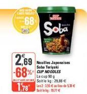 CARTE FRELITE")  68  Soba  2,69 -68%  Nouilles Japonaises Soba Teriyaki CUP NOODLES  La cup 90 g  ALL WALL  Soit le kg: 29,88 €  1,78 2:56€ 53€  11.77€ 