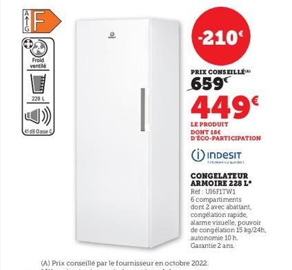 Froid ventilé  228 L  41 dB Classe C  (0)  k  -210€  PRIX CONSEILLÉ  659€  449€  LE PRODUIT DONT 18€ D'ÉCO-PARTICIPATION  INDESIT  CONGELATEUR ARMOIRE 228 L.  Réf: U16F1TW1  6 compartiments dont 2 ave