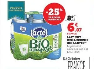 produit partenaire  €5  lactel  biq₂ engage  -25%  de remise immediate  food  8.10  le pack lait uht demi-ecreme bio lactel le pack de 6 bouteilles (soit 6 l) le l:101€ 