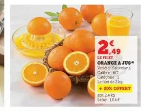 21,49  le filet  orange a jus*) variété salustiana  calibre: 6/7  catégorie 1  le filet de 2 kg  + 20% offert  soit 2.4 kg lekg 104€ 