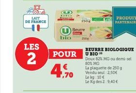 LAIT DE FRANCE  LES  2  POUR  €  ,70  bio 250g  Beurre  BEURRE BIOLOGIQUE UBIO  Doux 82% MG ou demi-sel  80% MG  La plaquette de 250 g Vendu seul 2,50€ Le kg: 10 €  Le Kg des 2:9,40 €  PRODUIT PARTENA