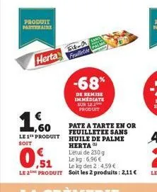 produit partenaire  herta  ,60  le 1 produit  soit  text-ara feuilleter  -68%  de remise immediate sur le ** produit  pate a tarte en or feuilletee sans huile de palme herta  l'étui de 230 g le kg: 6.
