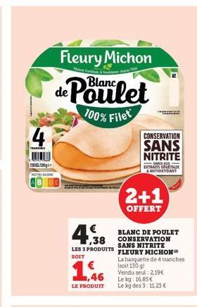 4  TRANCHES  130g  SCORE  Fleury Michon  de Poulet  100% Filet  € ,38  LES 3 PRODUITS  SOIT  1,46  LE PRODUIT  CONSERVATION  SANS NITRITE  GAR  EXTRAITS VÉGÉTAUX ANTIOXYDANT  2+1  OFFERT  BLANC DE POU