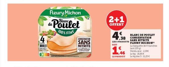 .4  pe  Fleury Michon Blanc  de Poulet  100% Filet  CONSERVATION  SANS NITRITE  EXTRAITS VEGETALI & ANTIORDANT  2+1  OFFERT  4,38  1,38 LES 3 PRODUITS  SOIT  BLANC DE POULET  CONSERVATION  SANS NITRIT