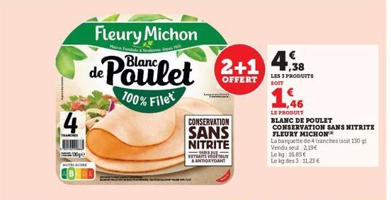 4  TRANCHES  130g NUTRI-SCORE  Fleury Michon  & des 1905  de Poulet 2+1  OFFERT  100% Filet  CONSERVATION  SANS NITRITE  GRACKE AUS EXTRAITS VÉGÉTAUX  & ANTIOXYDANT  2+1 4.538  LES 3 PRODUITS SOIT  1,