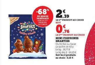 smarties action pla  -68% 2,39  de remise immediate sur le produit au choix  le 1⁰ produit au choix  soit  ,76  le 2 produit au choix mini figurines smarties  ou kit kat ou galak le sachet de 65 g lek