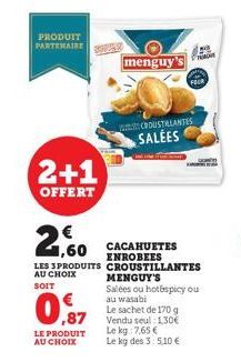 PRODUIT PARTENAIRE  2+1  OFFERT  € ,60  LES 3 PRODUITS AU CHOIX  SOIT  LE PRODUIT  AU CHOIX  menguy  CROUSTRANTES  SALÉES  CACAHUETES ENROBEES CROUSTILLANTES  MENGUY'S  Salées ou hot spicy ou au wasab