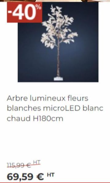 %  -40  115,99 € HT  69,59 € HT  Arbre lumineux fleurs blanches microLED blanc  chaud H180cm 