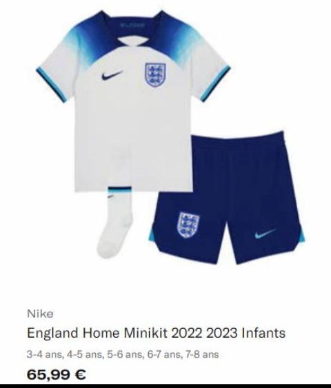 SERD  Nike  England Home Minikit 2022 2023 Infants  3-4 ans, 4-5 ans, 5-6 ans, 6-7 ans, 7-8 ans  65,99 € 