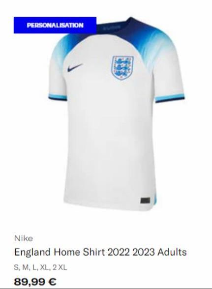PERSONALISATION  Nike  England Home Shirt 2022 2023 Adults S, M, L, XL, 2XL  89,99 €  