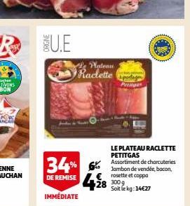 ORIGINE  U.E  Plateau Raclette  34%  DE REMISE € rosette et coppa  28 3009  IMMÉDIATE  Peripes  LE PLATEAU RACLETTE PETITGAS  Assortiment de charcuteries Jambon de vendée, bacon,  Soit le kg: 14€27 