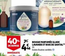 446  X1 Existe d'autres variétés  40% % BOUGIE GLADE  DE REMISE  € LAVANDE ET BOIS DE SANTAL  IMMÉDIATE 