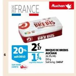 6  france  sur votre compte  20% 2  soit 0€43 1,4  heyst  brebis  brebis  auchan  brique de brebis auchan 26.3% mg 150g de soit le kg: 14€47  