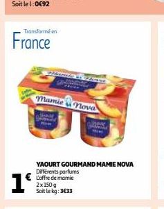 Transformé en  France  1º  Plasm  mamie nova  YAOURT GOURMAND MAMIE NOVA Différents parfums L'offre de mamie 2x150 g Soit le kg: 3€33 