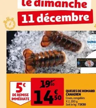 5€  de remise immédiate  19%  14  €  50  d  queues de homard canadien crues, congelées x2,200 g soit le kg: 72€50 