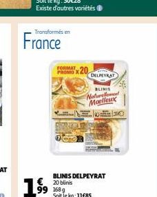 Transformés en  France  FORMAT  PROMO X20  DELPEYRAT  BLINIS  Naturellement Moelleux  BLINIS DELPEYRAT 20 blinis 1689  Soit le kg: 11€85 