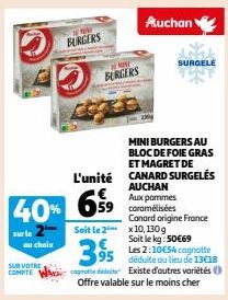 sur le  au choix  SUR VOTRE  COMPTE  BURGERS  40% 659  BURGERS  L'unité CANARD SURGELÉS  AUCHAN  Aux pommes  Soit le 2 x 10,130 g  SURGELE  MINI BURGERS AU BLOC DE FOIE GRAS  ET MAGRET DE  395  Les 2: