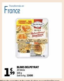 Transformés en  France  FORMAT  PROMO X20  DELPEYRAT  BLINIS  Naturellement Moelleux  BLINIS DELPEYRAT 20 blinis 1689  Soit le kg: 11€85 