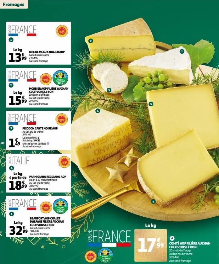 fromages  28  france  le kg  1399 99 23% mg  le kg €  1599  brie de meaux nugier aop au lait cru de vache  france  au stand fromage  199  france  morbier aop filière auchan cultivons le bon 130 jours 