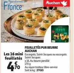 transformés en  france  feuilletés pur beurre auchan  les 16 mini escargots, saint-jacques ou escargots feuilletés saint-jacques  x 16, au beurre persille  €  170 g  470 au royon traiteur ibre-service