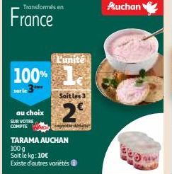 Transformés en  France  100%  2ime  sur le  au choix  SUR VOTRE  COMPTE  L'unité  Soit les 3  2º  TARAMA AUCHAN 100 g Soit le kg: 10€  Existe d'autres variétés  Auchan  3279 