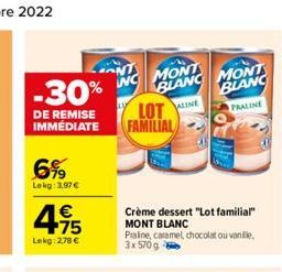 -30%  DE REMISE IMMÉDIATE  6%9  Lekg: 3,97€  €  495  Lekg: 278 €  MONT BLANC MONT BLANC PRALINE  ALINE LOT  FAMILIAL  Crème dessert "Lot familial" MONT BLANC Praline, caramel, chocolat ou vanille, 3x 