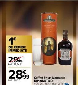 1€  DE REMISE IMMÉDIATE  29%  Le L:42,84 €  2899  Le L:41,41 €  EXPLOMATKY  PENCI  Coffret Rhum Mantuano DIPLOMATICO  40% vol., 70 cl + Etui +Verre  G 