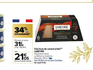 34%  D'ÉCONOMIES  Prix payé on caisse  3199  Le kg: 159,45 €  Sot  2105  Remise Fide dedute  6  man  LABEYRIE  KROO  Sp  Foie Gras de canard entier LABEYRIE Dégustation nature  ou Délicat au Sautemes,