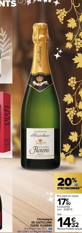 写  de castellane  champagne  de castellane  florens  champagne  de castellane cuvée florens  brut obrut rosé, 75 cl. soit 3,58 € sur in-carte carrefour  20%  d'économies  prix payé en caisse  17%  la 