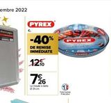 PYREX  -40%  DE REMISE IMMÉDIATE  12%  126  7€  Le moule à tarte  Ⓒ31cm  PYREX  Fabrication franças  PYREX  offre sur Carrefour Drive