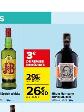 RARE  ANDID KOO  3€  DE REMISE IMMÉDIATE  2.9%  LeL: 4271 €  26%  Le L: 38,43 €  DIPLOMATICO  Rhum Mantuano DIPLOMÁTICO 40% vol., 70 cl 