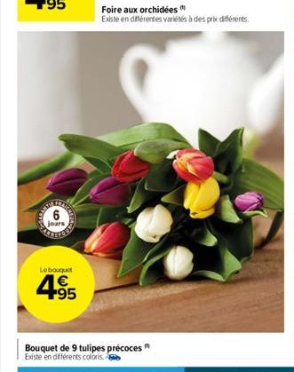 jours  Le bouquet  4.95  1€  Foire aux orchidées"  Existe en différentes variétés à des prix différents.  Bouquet de 9 tulipes précoces  Existe en différents coloris. 