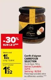 -30%  SUR LE 2M  Vendused  19⁹9  12,60€  Le 2 produ  132  Confit d'oignon CARREFOUR SELECTION  Ou de figue, 150 g. Soit les 2 produits: 3.21€-Soit le kg: 10,70 € Panachage possible entre  les différen