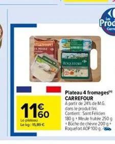 blesho ameuse  11%  le plateau le kg: 15,89 €  roquefort  plateau 4 fromages carrefour a partir de 24% de m.g. dans le produit fini. contient: saint feldien 180 g meule fruité 250g büche de chèvre 200