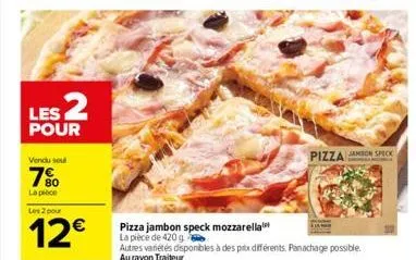 les 2  pour  vendu sou  80 la pièce  les 2 pour  12€  pizza jambon speck  pizza jambon speck mozzarella  la pièce de 420 g  autres variétés disponibles à des prix différents. panachage possible.  au r
