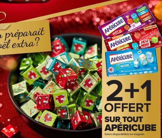 APERICUBE  BESTO  APERICUBE  APERICUBE NATURE  MATURE  MART  THES  REU  CHORIZO  De Comentar )  GRILL  ALTERACY  JEU INEDIT  2+1  OFFERT  SUR TOUT APÉRICUBE  Selon disponibilités en magasin 