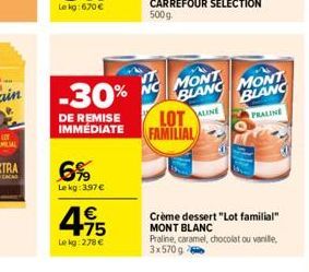 -30%  DE REMISE IMMÉDIATE  6%  Lekg: 3.97 €  4.15  €  Lekg: 278 €  NG MONT BLANC MONT BLANC  ALINE  PRALINE  LOT FAMILIAL  Crème dessert "Lot familial" MONT BLANC Praline, caramel, chocolat ou vanille