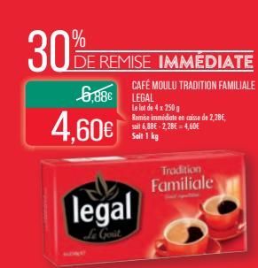 30%  DE REMISE IMMÉDIATE  6,886 LEGAL  4,60€  CAFÉ MOULU TRADITION FAMILIALE  legal  Le Gout  Le lot de 4 x 250 g Remise immédiate en caisse de 2,28€, sait 6,88E-2,28€ 4,60€ Soit 1 kg  Tradition Famil