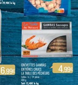 6,996  des Pichairs  16/24  GAMBAS Sauvages  CREVETTES GAMBAS ENTIÈRES CRUES LA TABLE DES PÊCHEURS Colibre 16/24 pièces 400 g  Soit 12,48€ le kg  4,99€ 