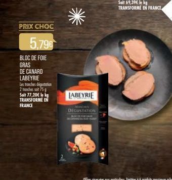 PRIX CHOC  5,79€  BLOC DE FOIE GRAS DE CANARD LABEYRIE  Les tranches dégustation 2 hanches soit 75 g Soit 77,20€ le kg TRANSFORME EN FRANCE  LABEYRIE  DEGUSTATION 