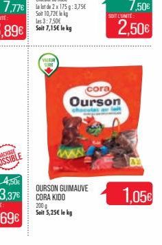 VALFUR SURE  OURSON GUIMAUVE  CORA KIDO  200 g Soit 5,25€ le kg  SOIT L'UNITE:  cora  Ourson  choce  1,05€ 