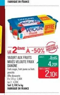 yaourt aux fruits mixés veloute fruix  danone fruits rouges, fruits jounes ou fruits panachés  ofe découverte  8x 125g: 2,80€  les 2:4,20€  dancho  veloute  soit 2,10€ le kg fabriqué en france  le 2èm