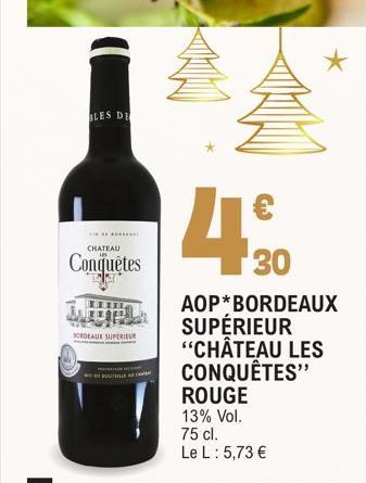 BLES DE  ********  CHATEAU  Conquêtes  BORDEAUX SUPERIEUR  OUT  €  4⁹0  30  AOP BORDEAUX SUPÉRIEUR "CHÂTEAU LES CONQUÊTES" 