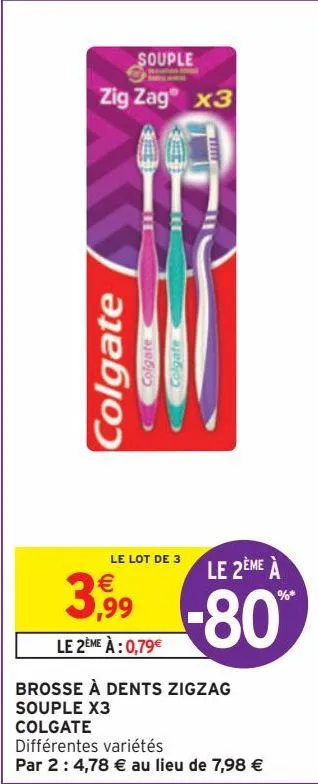 brosse à dents zigzag souple x3 colgate