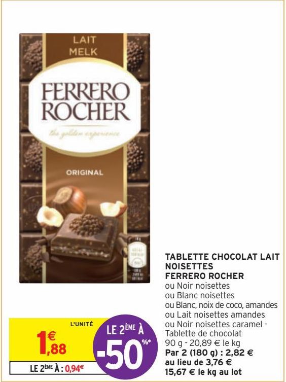 TABLETTE CHOCOLAT LAIT NOISETTES FERRERO ROCHER