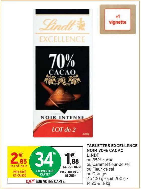 tablettes excellence noir 70% cacao lindt